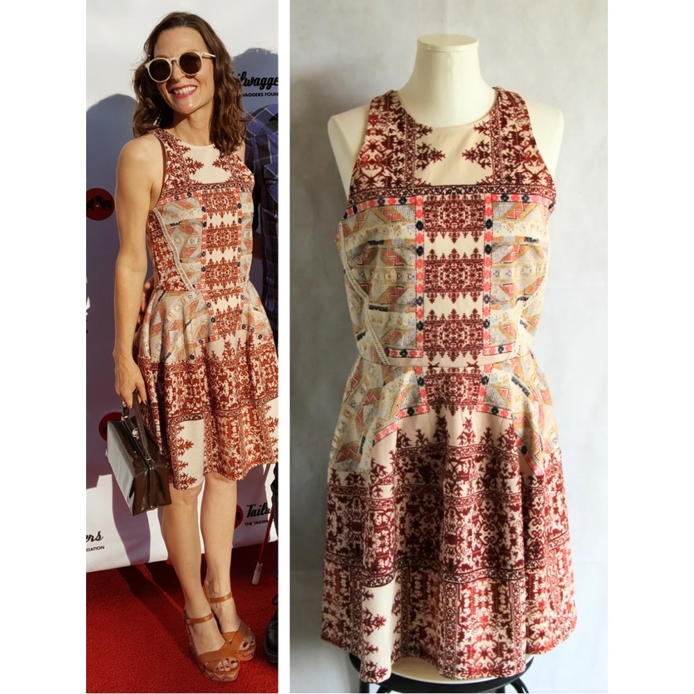 Mossimo Supply Co. Cream and Rust Red Printed Fit-and-Flare Dress